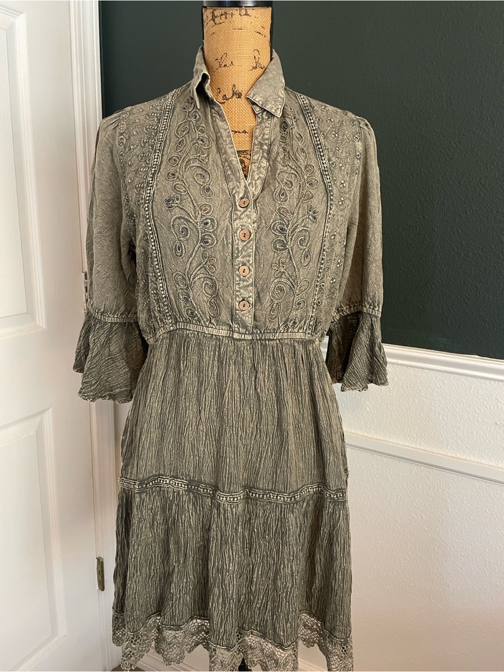Young Threads Embroidered Olive Dress with Ruffle Sleeves